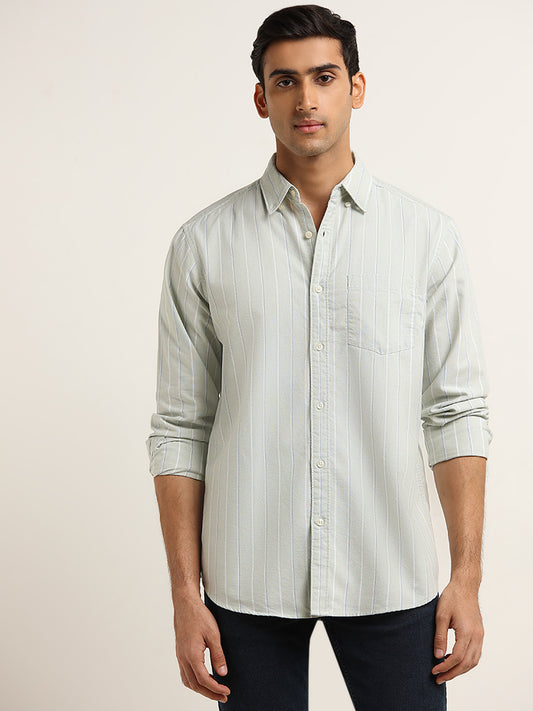WES Casuals Light Sage Cotton Striped Relaxed Fit Shirt