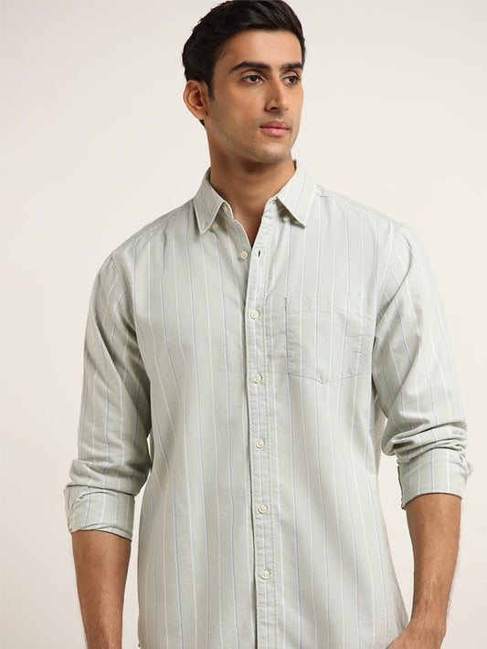 WES Casuals Light Sage Cotton Striped Relaxed Fit Shirt