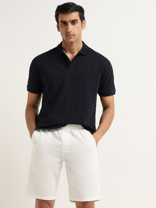 WES Casuals Navy Ribbed Slim Fit Polo T-Shirt