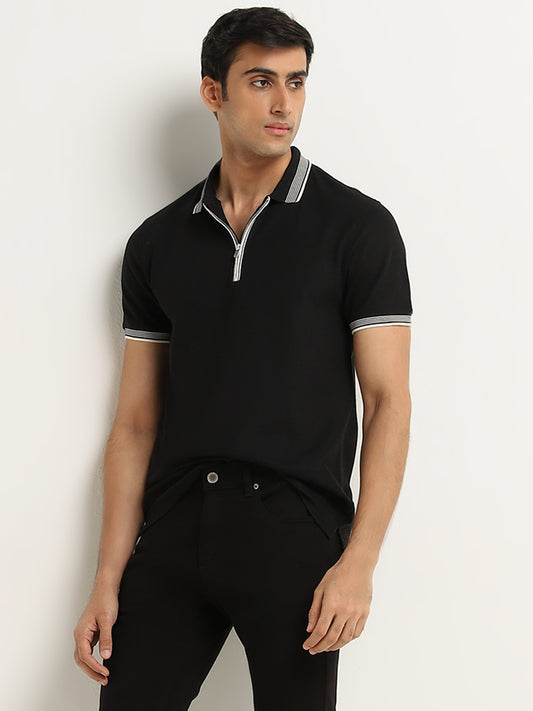 WES Casuals Black Slim-Fit Polo T-Shirt
