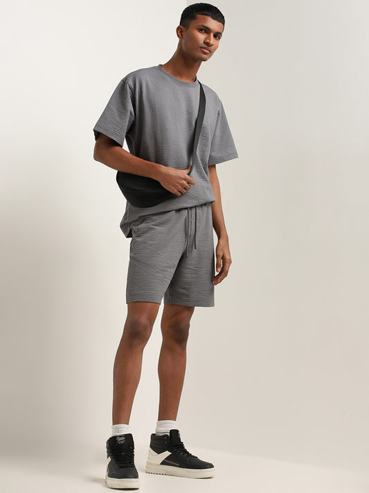 Studiofit Dark Grey Waffle-Textured Relaxed-Fit Mid-Rise Cotton Blend Shorts