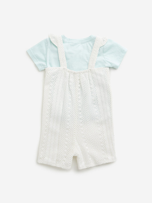 HOP Baby White Crochet Design Dungaree with T-Shirt Set