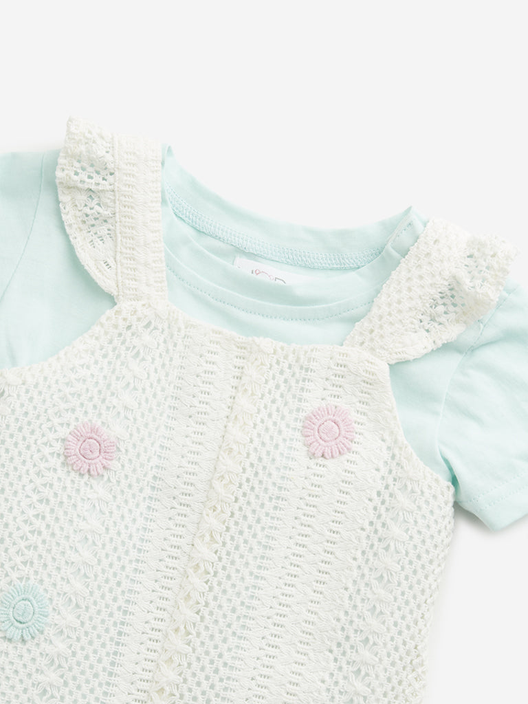 Westside HOP Baby Girl's White Crochet Design Dungaree with T-Shirt Set for Casual Wear Zoomed View