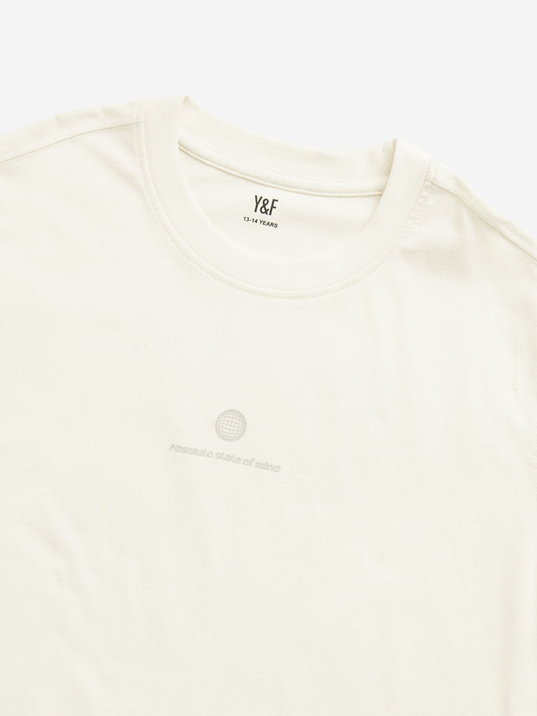 Y&F Kids Off-White Text Printed T-Shirt