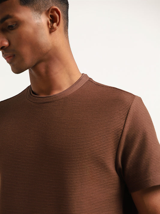 ETA Brown Cotton Blend Slim Fit Ribbed T-Shirt