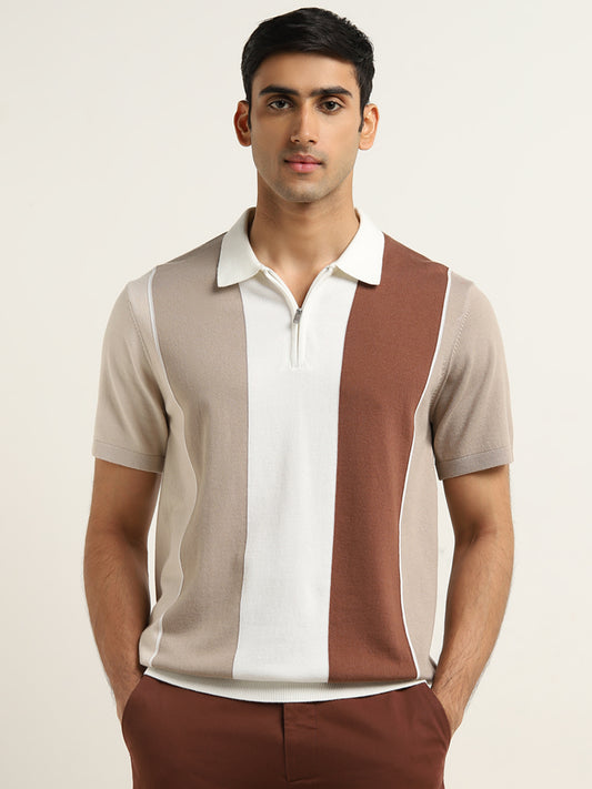 Ascot Light Taupe Colour-Blocked Relaxed Fit T-Shirt