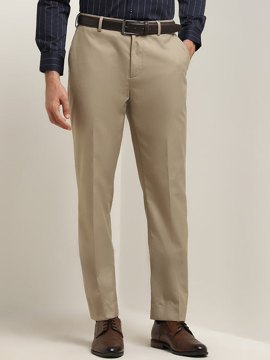 WES Formals Beige Relaxed-Fit Mid-Rise Cotton Blend Trousers