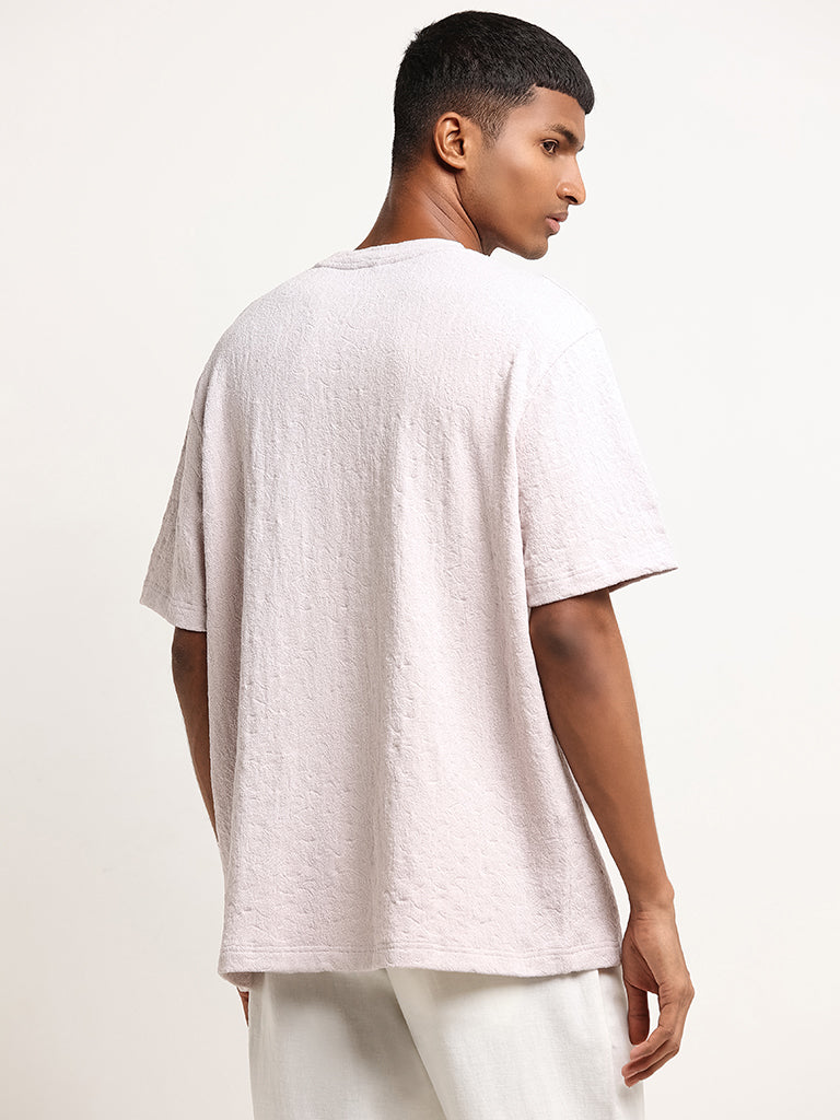 ETA Light Pink Relaxed Fit Textured Weave Cotton Blend T-Shirt