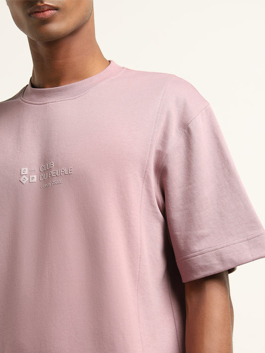 Studiofit Dark Pink Text Print Relaxed Fit T-Shirt