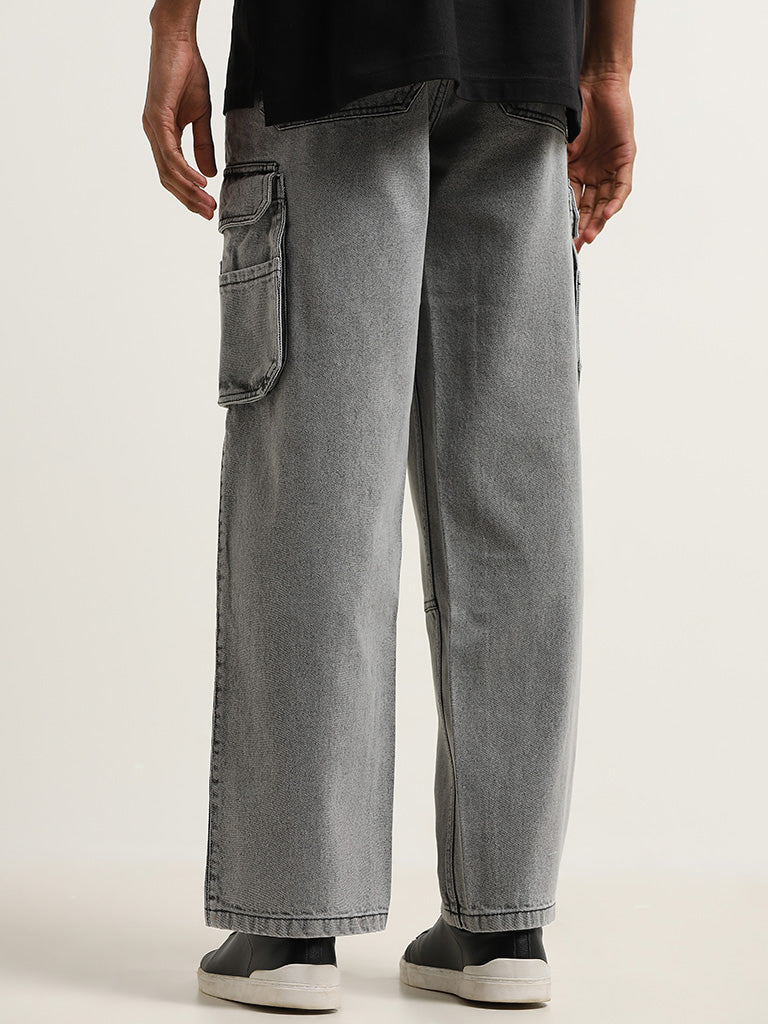 Nuon Grey Cargo-Style Mid Rise Relaxed Fit Jeans