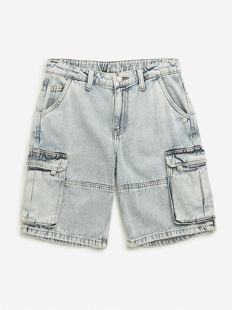 Y&F Kids Light Blue Mid Rise Cargo-Style Denim Shorts