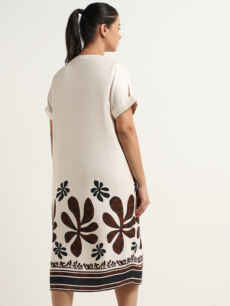 Gia Beige Floral Printed Straight Dress