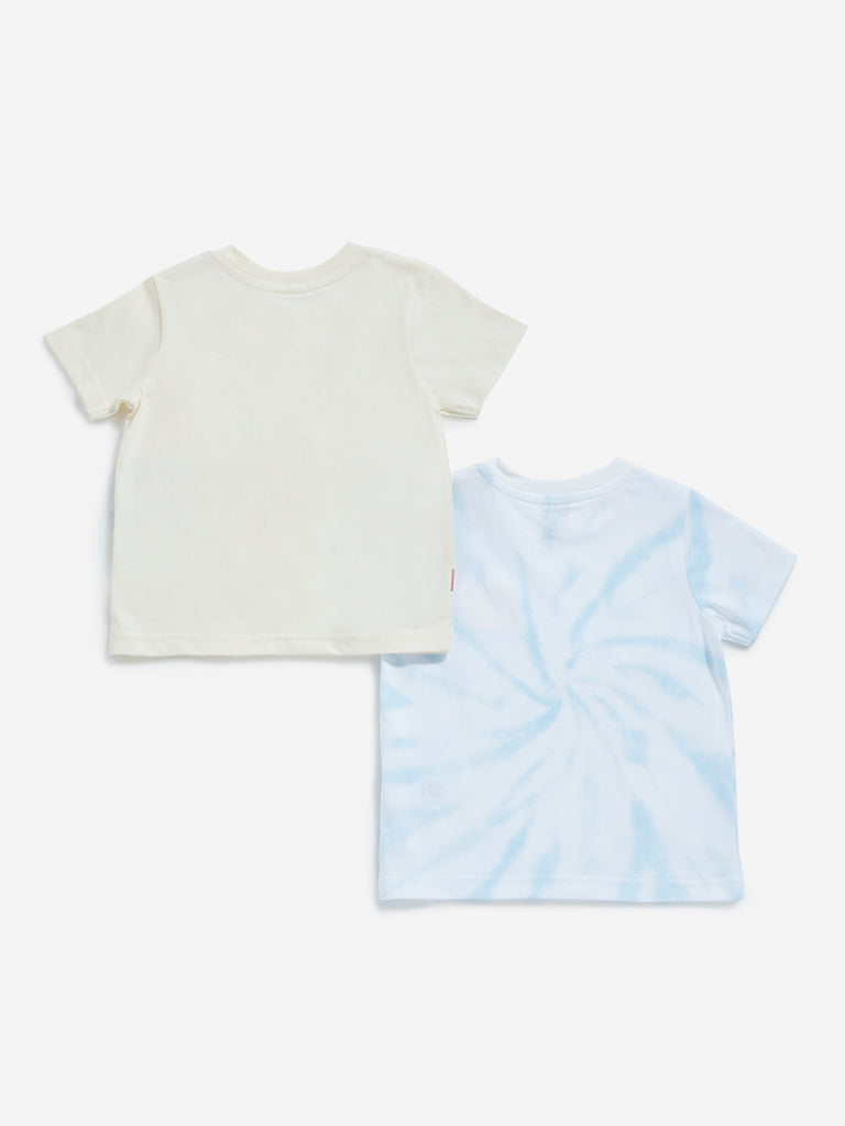 HOP Baby Beige & Blue Tie-Dye Printed T-Shirts - Pack of 2