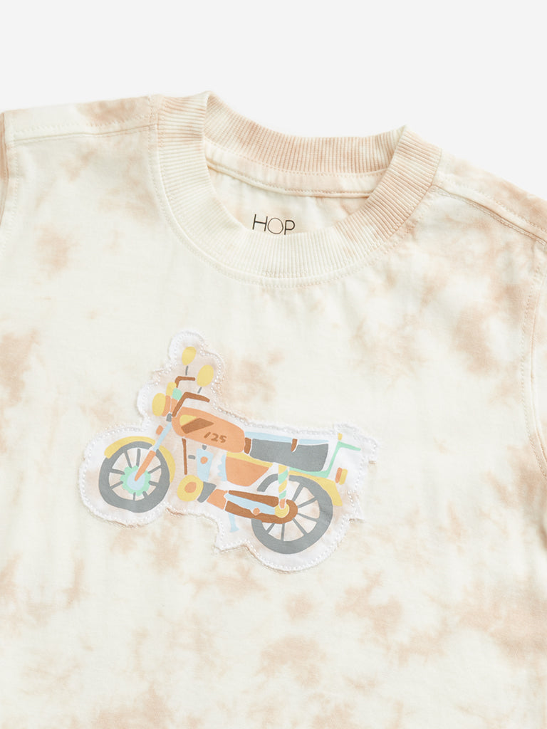 Westside HOP Kids Peach Tie-Dye Motorcycle Design Cotton T-Shirt for Casual Wear Zoomed View