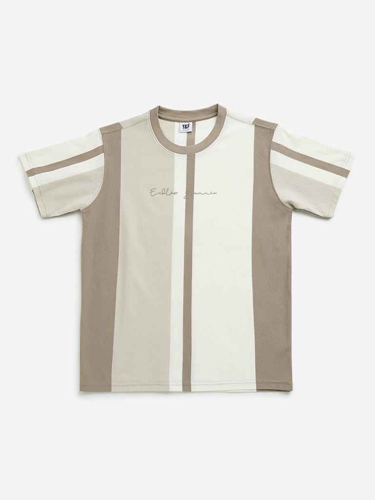 Y&F Kids Brown Colour Blocked Cotton T-Shirt