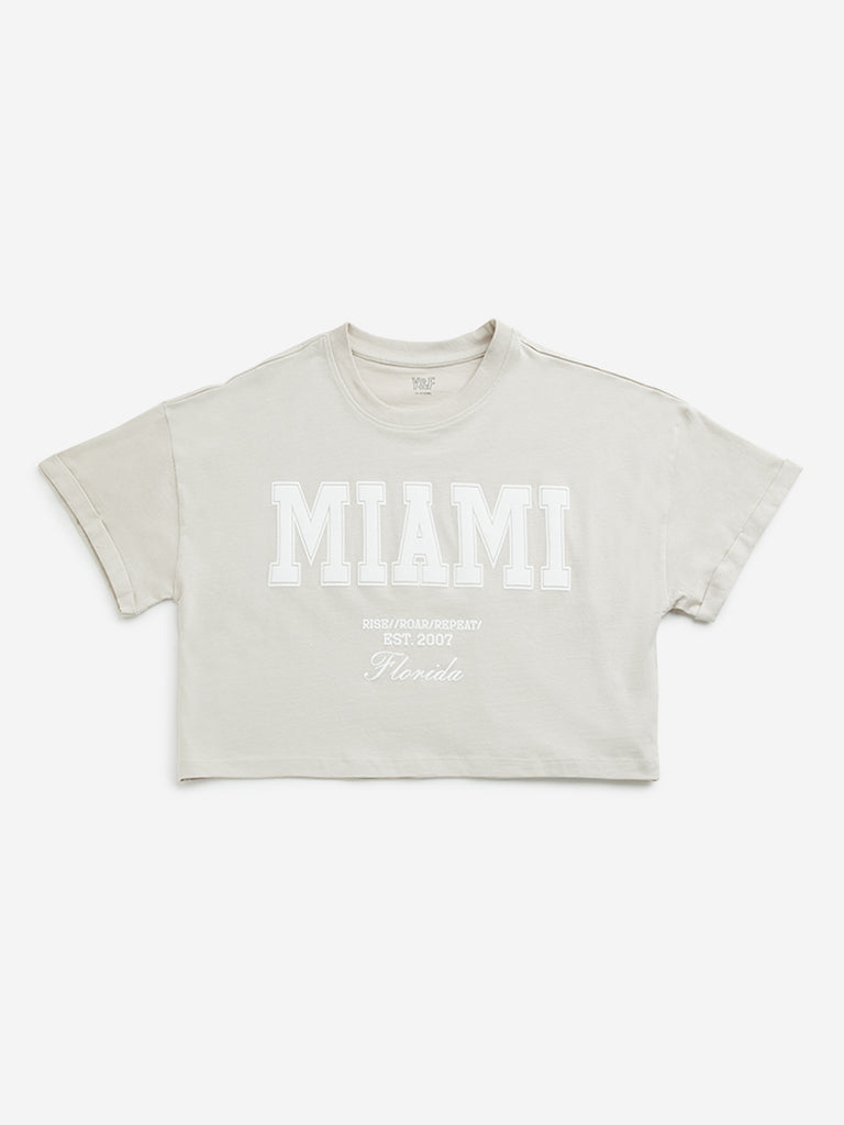 Y&F Kids Beige Text Design Cotton Crop T-Shirt