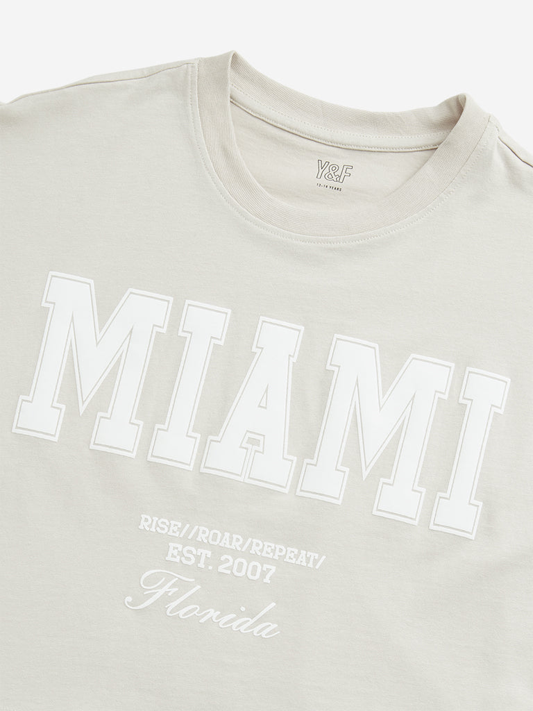 Y&F Kids Beige Text Design Cotton Crop T-Shirt