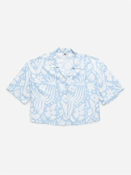Y&F Kids Blue Floral Print Cotton Cropped Shirt