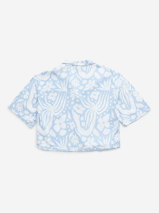 Y&F Kids Blue Floral Print Cotton Cropped Shirt