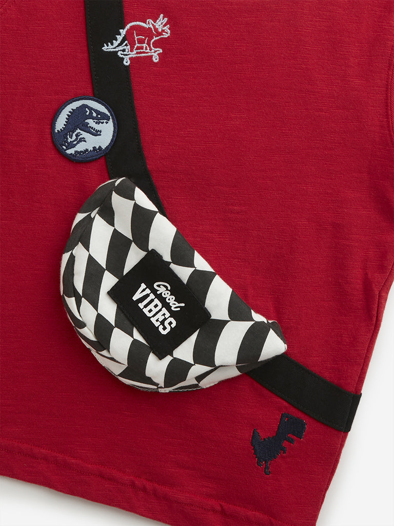 Westside HOP Kids Red Embossed Fanny Pack Cotton T-Shirt for Casual Wear Zoomed View