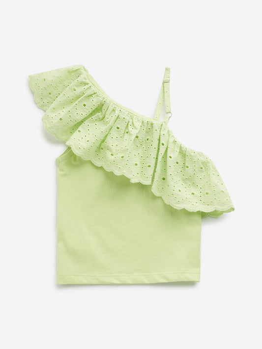 HOP Kids Lime Schiffli Detailed One-Shoulder Cotton Blend Top