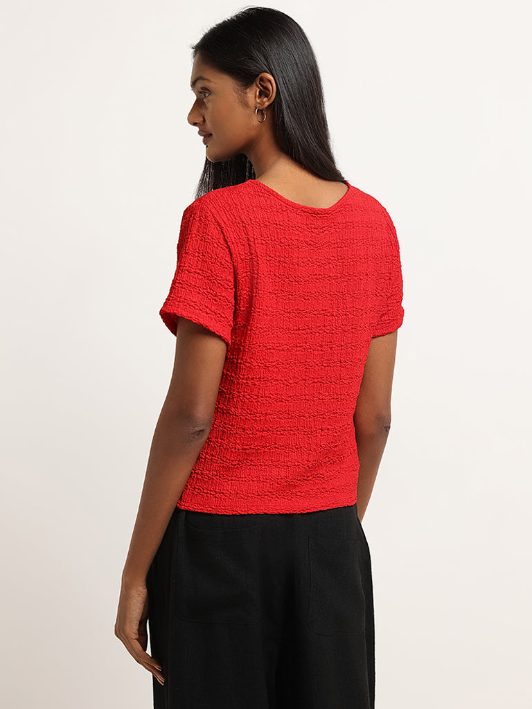 LOV Red V-Neck Crinkled Shirt