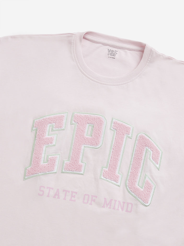 Westside Y&F Girl's Pink Text Embroidered Cotton T-Shirt for Casual Wear Zoomed View