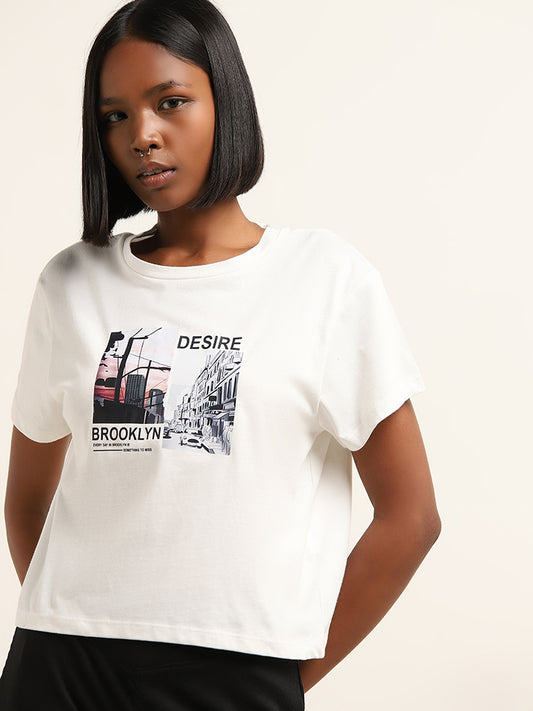 Superstar White Cityscape Design Cotton T-Shirt