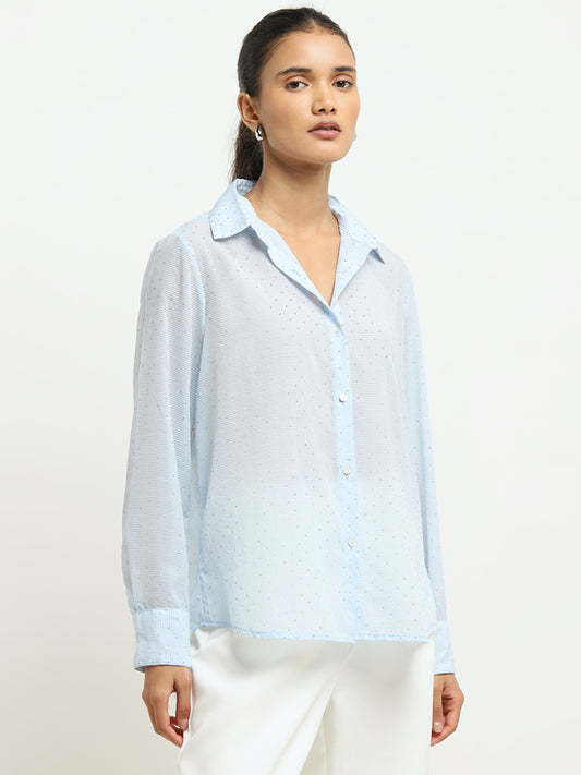 Wardrobe Light Blue Polka Dot Design Textured Shirt