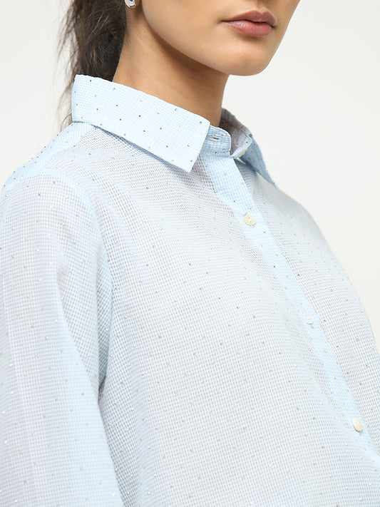 Wardrobe Light Blue Polka Dot Design Textured Shirt