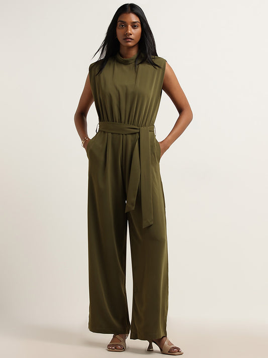 Wardrobe Olive Solid Jumpsuit with Belt