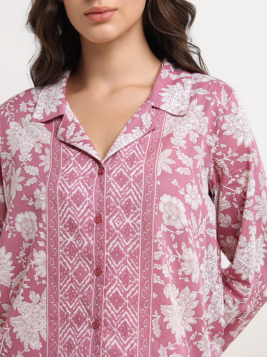 Wunderlove Pink Floral Printed Cotton Shirt with Pyjamas Set
