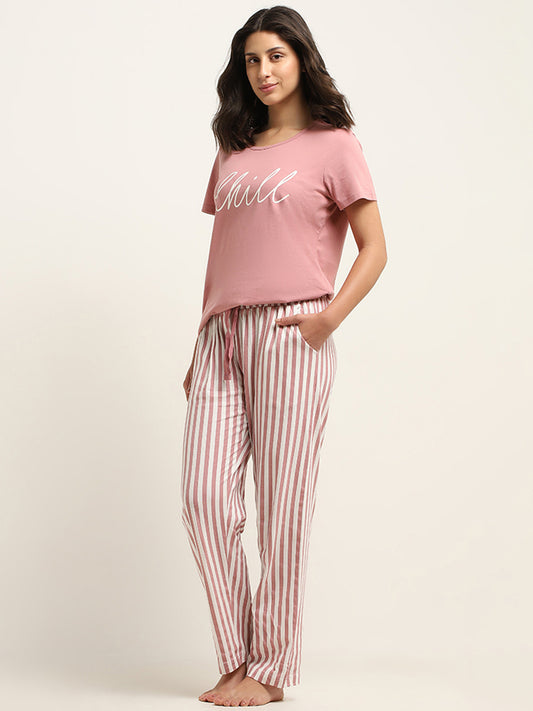 Wunderlove Blush Pink Striped Mid Rise Pyjamas