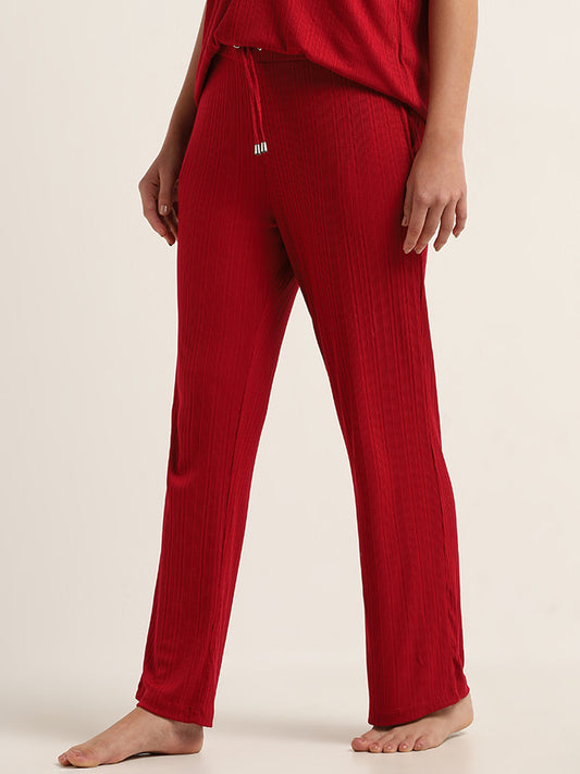 Wunderlove Red Ribbed Mid Rise Supersoft Pyjamas