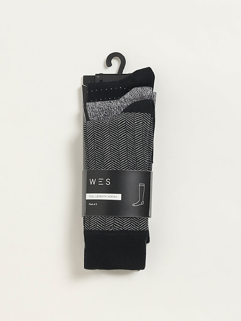 Westside WES Lounge Men's Black Printed Cotton-Blend Full Length Socks - Pack of 3 for Casual Wear Pack View
