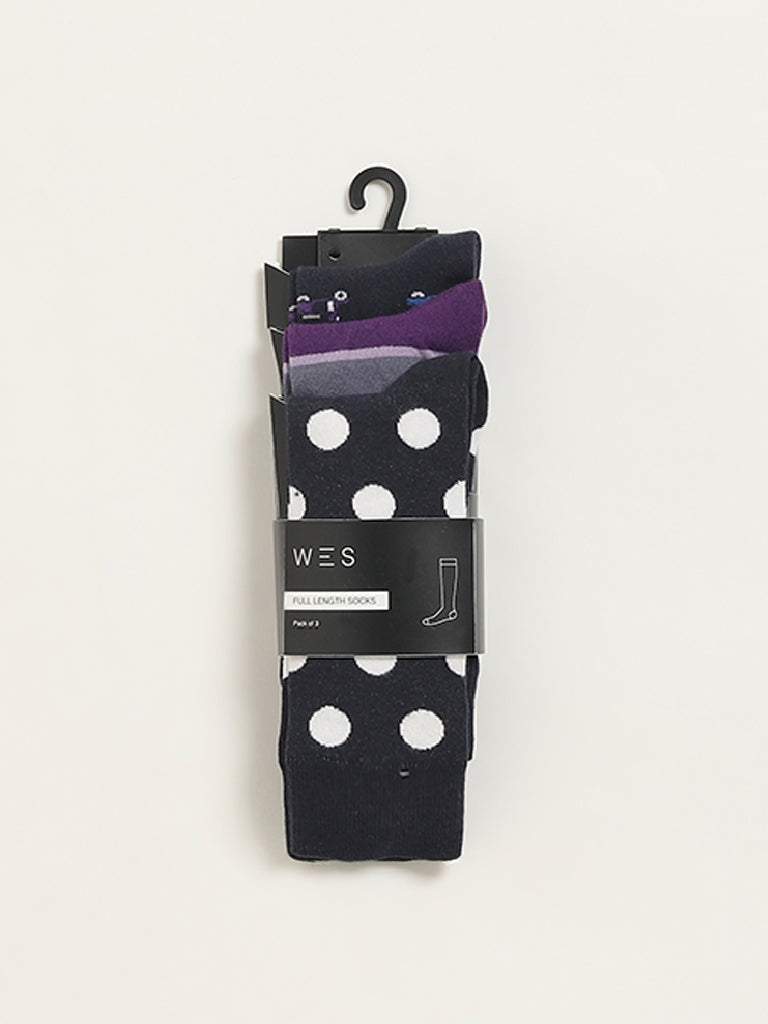 WES Lounge Multicolour Printed Cotton-Blend Full Length Socks - Pack of 3