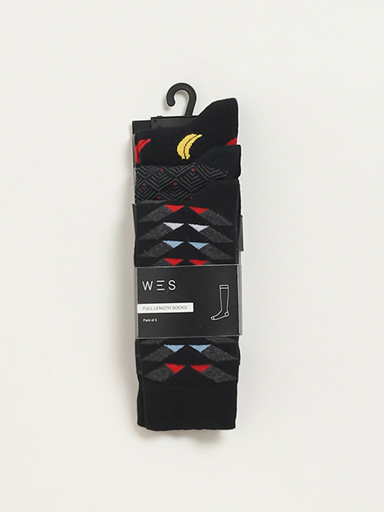 Westside WES Lounge Men's Black Printed Cotton-Blend Full Length Socks - Pack of 3 for Casual Wear Pack View