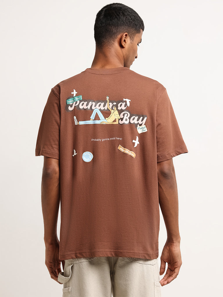 Nuon Brown Relaxed Fit Contrast Print T-Shirt