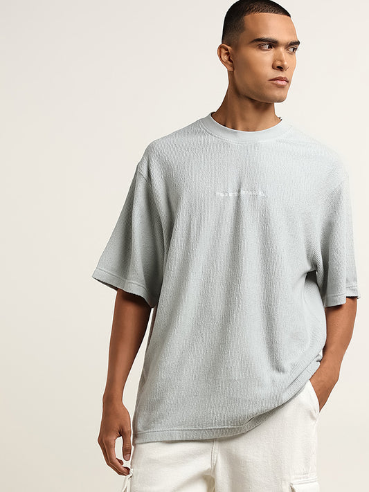 Nuon Light Teal Self-Textured Cotton T-Shirt