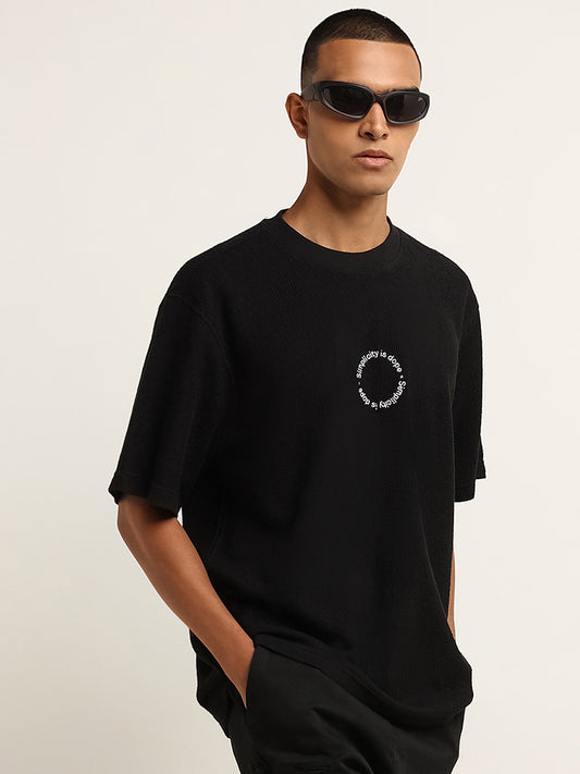Nuon Black Ribbed Textured Cotton T-Shirt