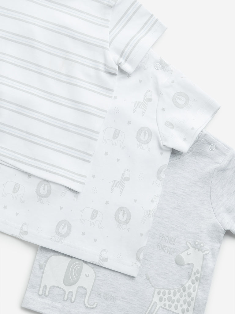 HOP Baby White Print Cotton T-Shirts - Pack of 3
