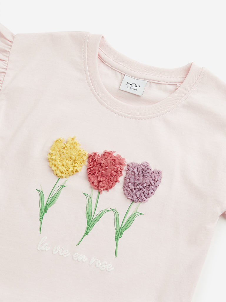 Westside HOP Kids Light Pink Floral Textured Cotton Top for Casual Wear Zoomed View