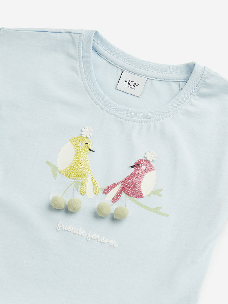 Westside HOP Kids Light Blue Bird Printed Cotton Top for Casual Wear Zoomed View