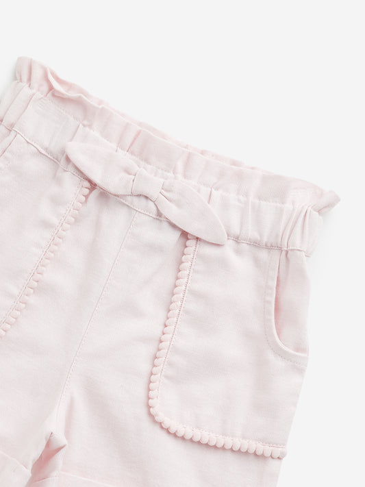 HOP Kids Light Pink Paperbag-Waist Mid-Rise Cotton Shorts