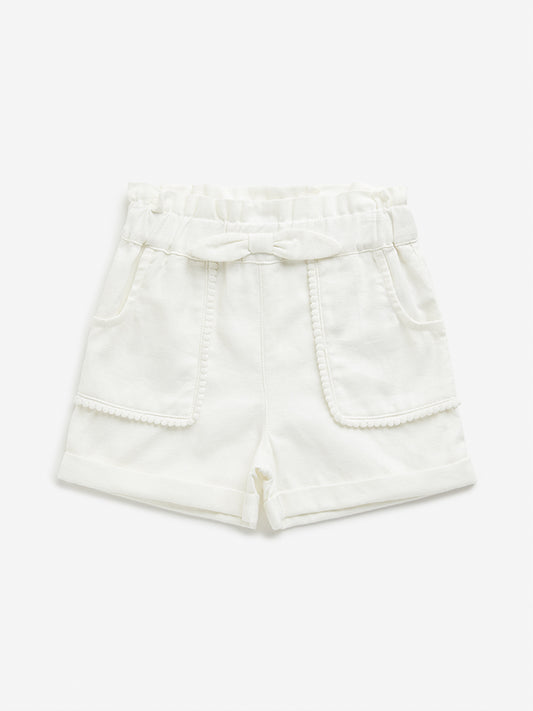 HOP Kids White Paperbag-Waist Mid-Rise Cotton Shorts
