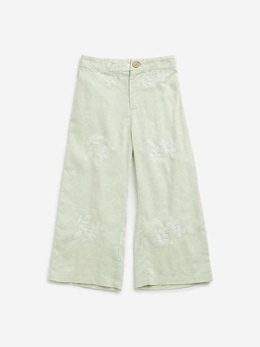 HOP Kids Sage Mid Rise Embroidered Blended Linen Pants