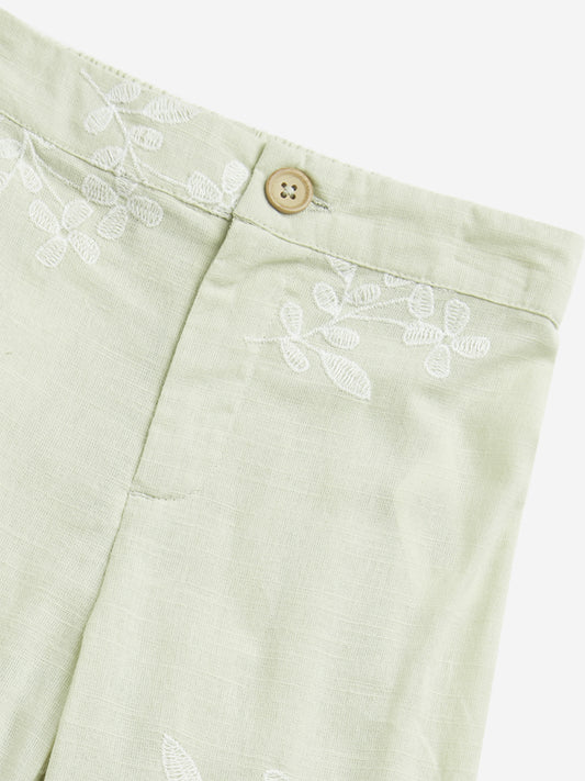 HOP Kids Sage Mid Rise Embroidered Blended Linen Pants