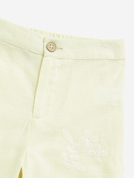 HOP Kids Yellow Mid Rise Embroidered Blended Linen Pants