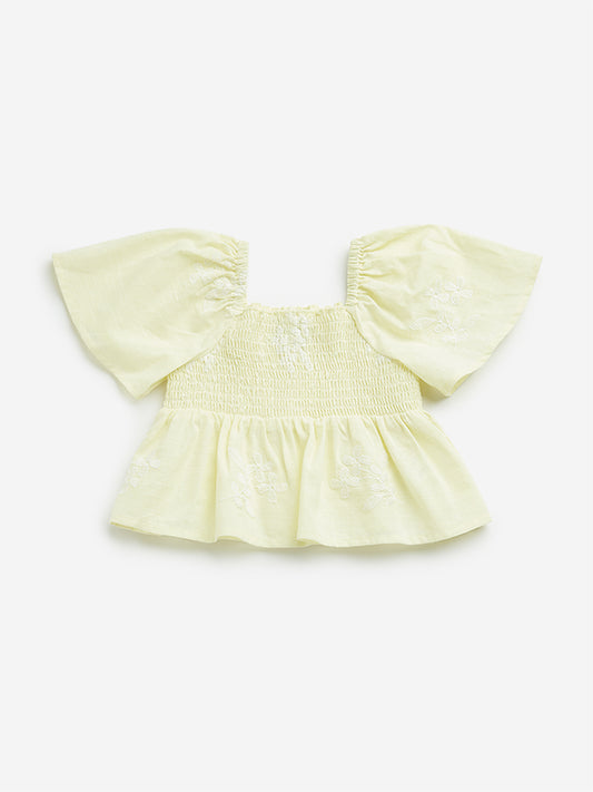 HOP Kids Yellow Floral Embroidered Blended Linen Top