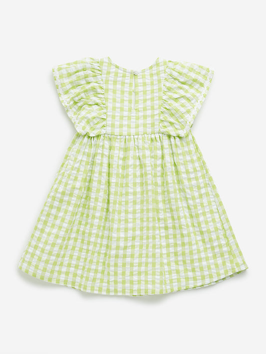 HOP Kids Lime Checkered Design A-Line Cotton Dress